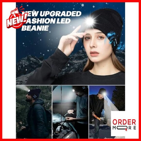 USB Rechargeable Bluetooth Beanie with LED Headlamp Winter Hat